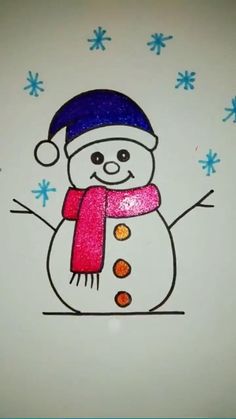 a drawing of a snowman wearing a blue hat and scarf