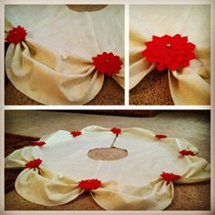 three pictures show how to make a poinsettia wreath with red flowers on it