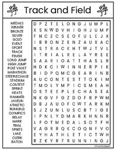 the word search for track and field is shown in this printable activity sheet, which includes