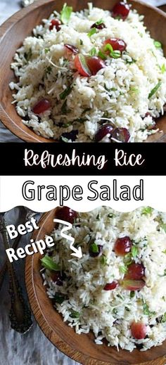 Collage of bowlful of rice and grape salad at top and bottom. Rice Salad Recipes, Delicious Rice, Grape Salad, Going Vegetarian, Rice Salad, Best Side Dishes, Easy Delicious, Rice Recipes