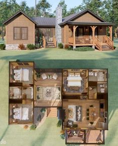 an aerial view of a log cabin with the living room and bedroom on each floor