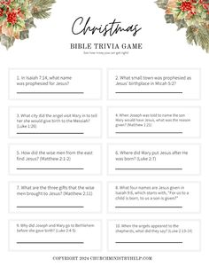 the christmas bible trivia game with holly wreaths on it and red poinsettis