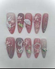 Japan Inspired Nails, Nails Acrylic Flower, Japan Nails, Japan Nail, Asian Nails, Colored Acrylic, Blush Nails, School Nails, Really Cute Nails