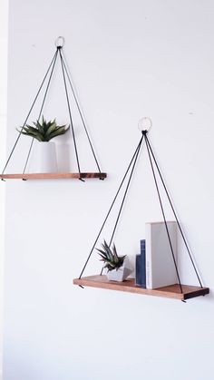 two hanging shelves with plants and books on them