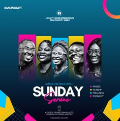 the poster for sunday service, featuring four women in black and white with colorful background