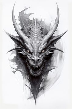 a black and white drawing of a demon with horns on it's head is shown