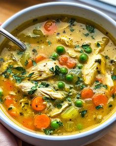 a person holding a bowl of chicken and vegetable soup