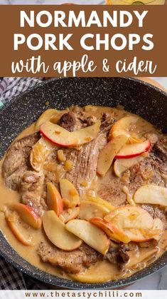 beef stew with apples and cider in a skillet