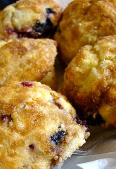 some blueberry muffins are sitting on wax paper