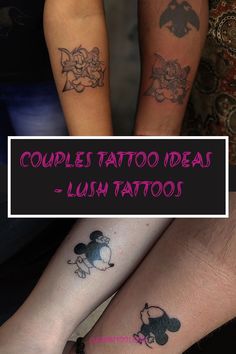 couple tattoo ideas - lush tattoos on both arms and legs with mickey mouse, minnie mouse