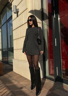 Dresses With Tights And Boots, Winter Date Outfits, Winter Fashion Outfits Casual, Looks Party, Thanksgiving Outfit, Knit Mini Dress, Autumn Outfit, Outfit Inspo Fall, Looks Style