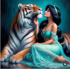 a painting of a woman sitting next to a tiger with her face close to it