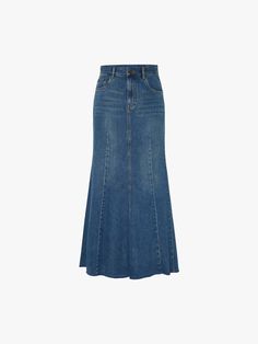 MO&Co. Women's Denim Mermaid Maxi Skirt This denim maxi skirt is made from premium cotton. It's detailed with vertical seams that create a paneled effect and has an exaggerated flared hem. Wear it with a simple top for a chic look. Features : - Flared maxi silhouette- Button and zip closure- Five-pocket design Code: MBD3SKTT06The back length of size S is 98cmMATERIALS & CARE Material: 100% CottonPlease put it into a mesh bag to wash.Denim products have slight fading, which is normal.REMINDER: Al Jean Maxi Skirt, Mermaid Maxi Skirt, Maxi Denim Skirt, Denim Skirt Outfits, Simple Top, Denim Maxi, Denim Maxi Skirt, Denim Flares, Mesh Bag