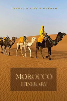 three camels are walking in the desert with people on them and an advertisement for morocco's itinerary