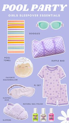 a poster with the words pool party girls sleepover essentials and items to wear