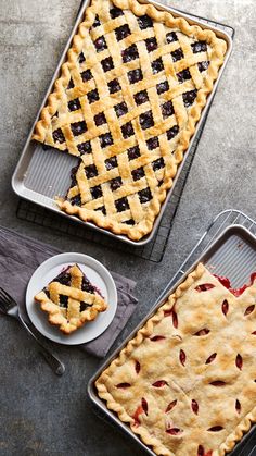 two pies sitting on top of pans next to each other, one with a slice missing