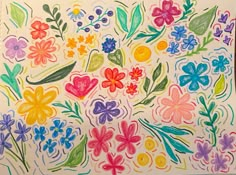 a drawing of colorful flowers and leaves on white paper