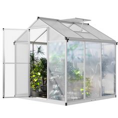 a white greenhouse with glass walls and plants in pots inside the house, isolated on a white background