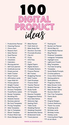 the top 100 digital product ideas list is shown in pink and black, with text overlay