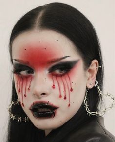 Vampire Fairy Makeup, Red Makeup Creative, Cool Vampire Makeup, Simple Gore Makeup, Black White Halloween Makeup, Editorial Halloween Makeup, Paint Makeup Look, Glam Demon Makeup, Demon Costume Makeup