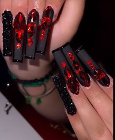 Nail Design Glitter, Black Acrylic Nails, Red Acrylic Nails, Long Acrylic Nails Coffin, Black Nail Designs