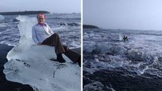 two pictures of people sitting on icebergs in the water and one is wearing a red hat