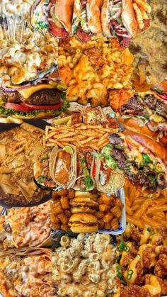 many different types of food are arranged in the shape of a collage on a table