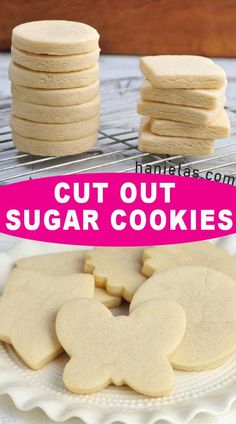 cut out sugar cookies on a white plate with pink text overlay that says cut out sugar cookies