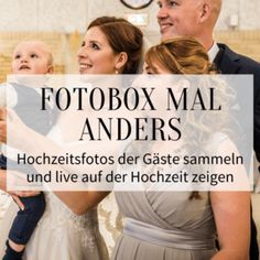 a man and woman holding a baby in front of two other people with the words fotobox mal anders above them