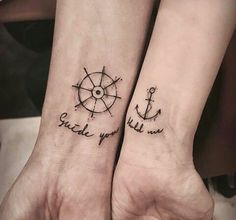 two people with matching tattoos on their arms, one is holding an anchor and the other has