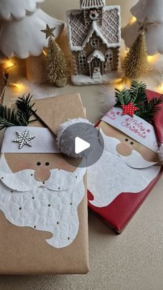 christmas presents wrapped in brown paper and decorated with santa clause