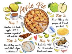 an apple pie is shown with instructions on how to make it in watercolor and ink