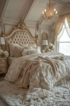 a large bed sitting under a chandelier in a bedroom next to a window