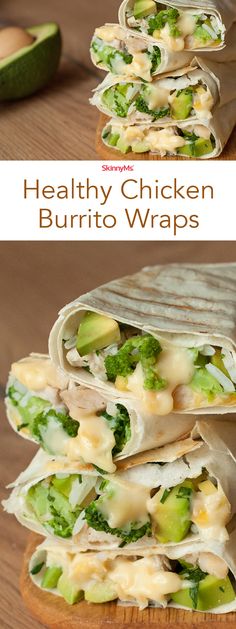 healthy chicken burrito wraps with broccoli, cheese and avocado on top