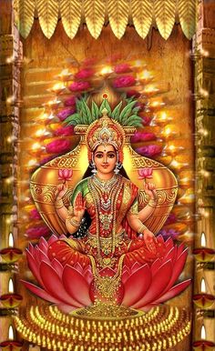 the hindu god sitting on top of a lotus flower in front of a golden background