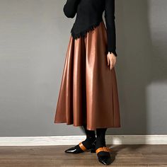 Olivia Mark - High-waisted A-line Leather Midi Skirt with Flared Hem and Umbrella Design Umbrella Design, Umbrella Designs, Leather Midi Skirt, Printed Silk Scarf, Black Midi Skirt, Neck Scarves, Types Of Skirts, Line Design, Olivia Mark