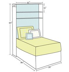 the measurements for a bed frame and headboard with an open door on each side