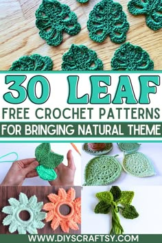 crochet patterns and instructions to make leaf ornaments for home decor or crafts with text overlay that says, 30 leaf free crochet patterns for bringing natural themes