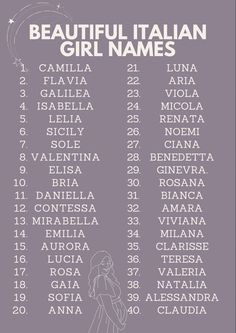 the beautiful italian girl names are shown in white on a purple background, with stars above them