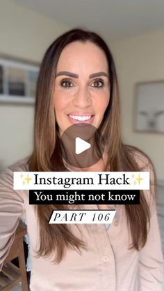 a woman with long brown hair is smiling and has an instagram message on her face