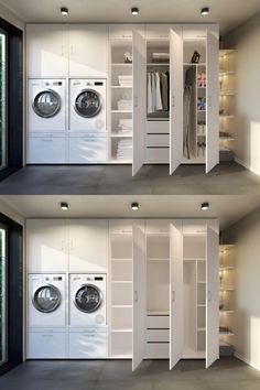 three pictures of the inside of a room with washers and dryers in it