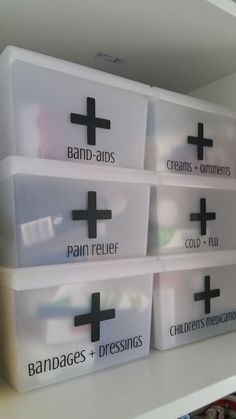 plastic containers with labels on them sitting on a shelf