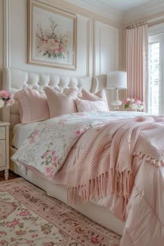 a bed with pink comforters and pillows in a bedroom