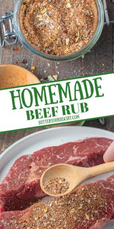 homemade beef rub recipe on a white plate with a wooden spoon in it and the title overlay reads homemade beef rub