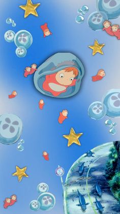 an image of bubbles floating in the air with cartoon characters on them and stars flying around