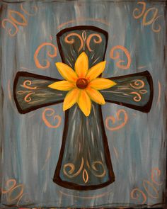 a painting of a cross with a yellow flower on it