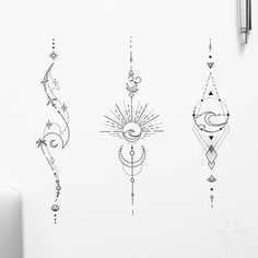 three different designs on the wall next to a pen