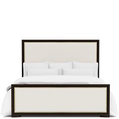 a bed with white sheets and pillows on it's headboard, against a white background