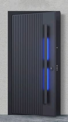 a black door with blue lights on it and a wall in the background behind it