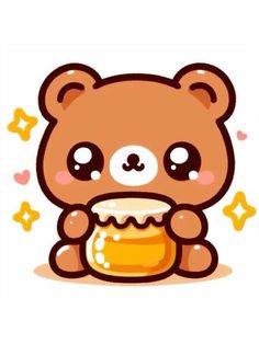 a brown teddy bear with a jar of honey on its chest and stars around it